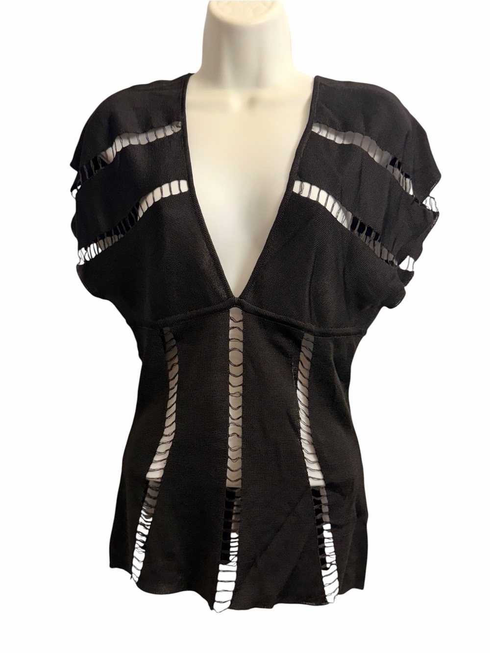 CoSTUME NATIONAL Black Openwork Ladder Knit Deep V Neck Size Medium